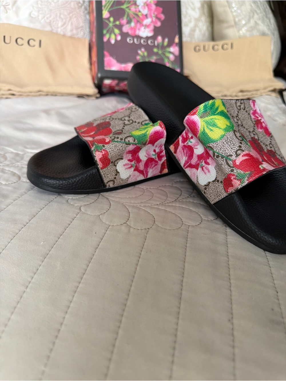(NWOT) - Authentic Gucci - Black Slides with Pink & Green Floral GG Strap - Picture 7 of 7